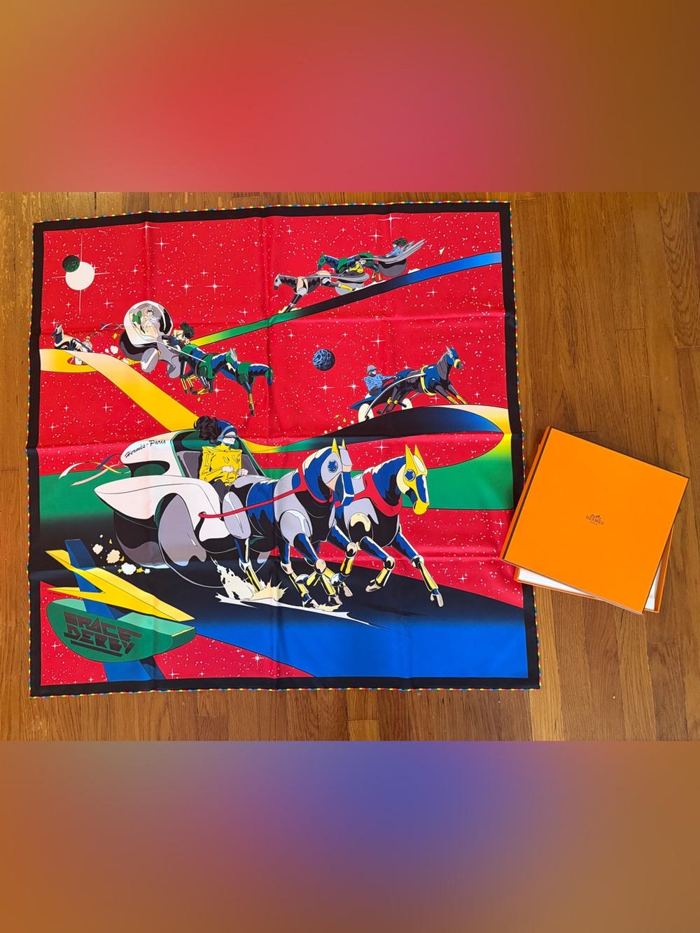 Hermes Multicolor Space Derby Red Silk Scarf by Ugo Bienvenu